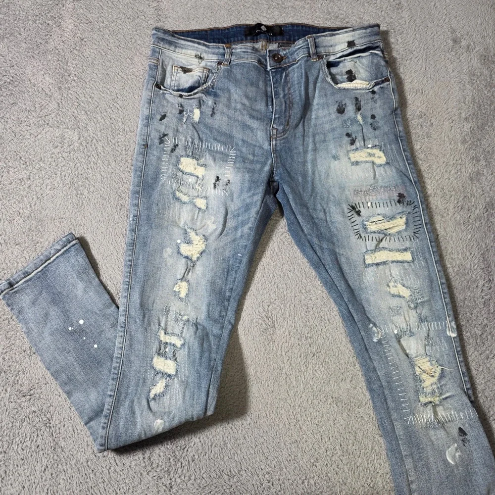 Focus Jeans Mens 36x34 Slim Jeans Blue Distressed Patchwork Paint Splatt Sashiko